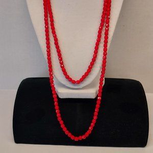 LONG Red glass faceted beaded necklace